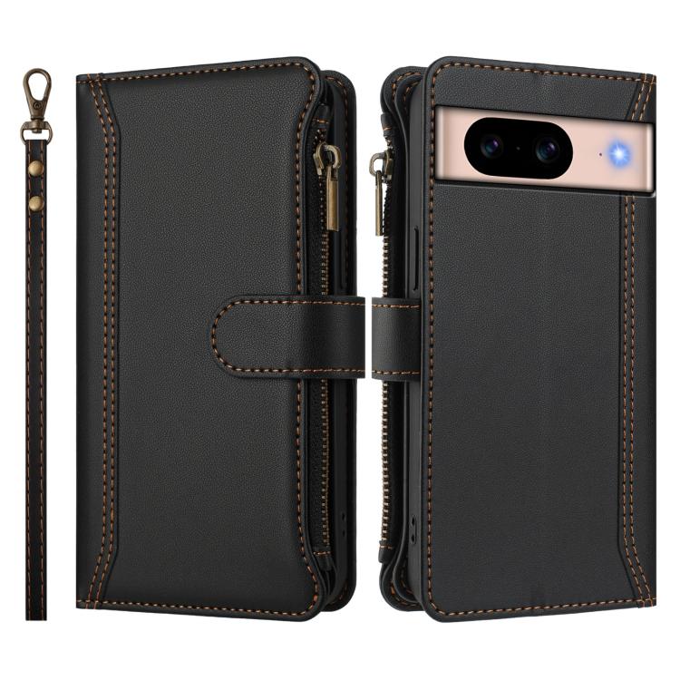 For Google Pixel 8a Magnetic Closure 9 Card Slots Zipper Leather Case with Hand Strap