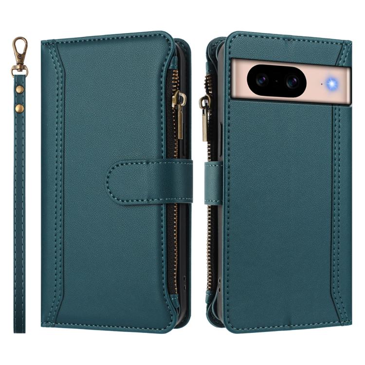 For Google Pixel 8a Magnetic Closure 9 Card Slots Zipper Leather Case with Hand Strap