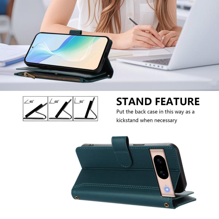 For Google Pixel 8a Magnetic Closure 9 Card Slots Zipper Leather Case with Hand Strap