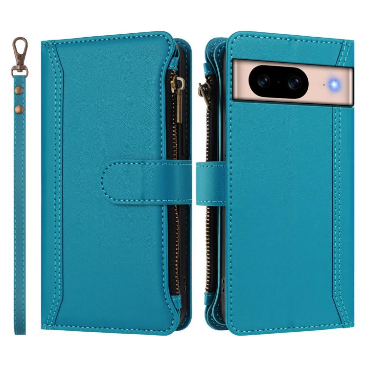 For Google Pixel 8a Magnetic Closure 9 Card Slots Zipper Leather Case with Hand Strap
