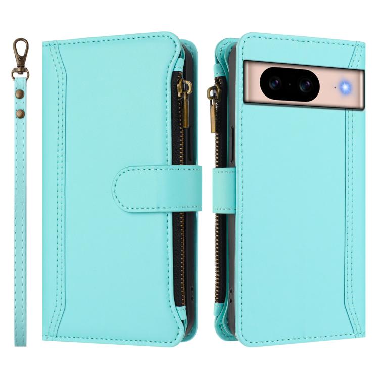 For Google Pixel 8a Magnetic Closure 9 Card Slots Zipper Leather Case with Hand Strap