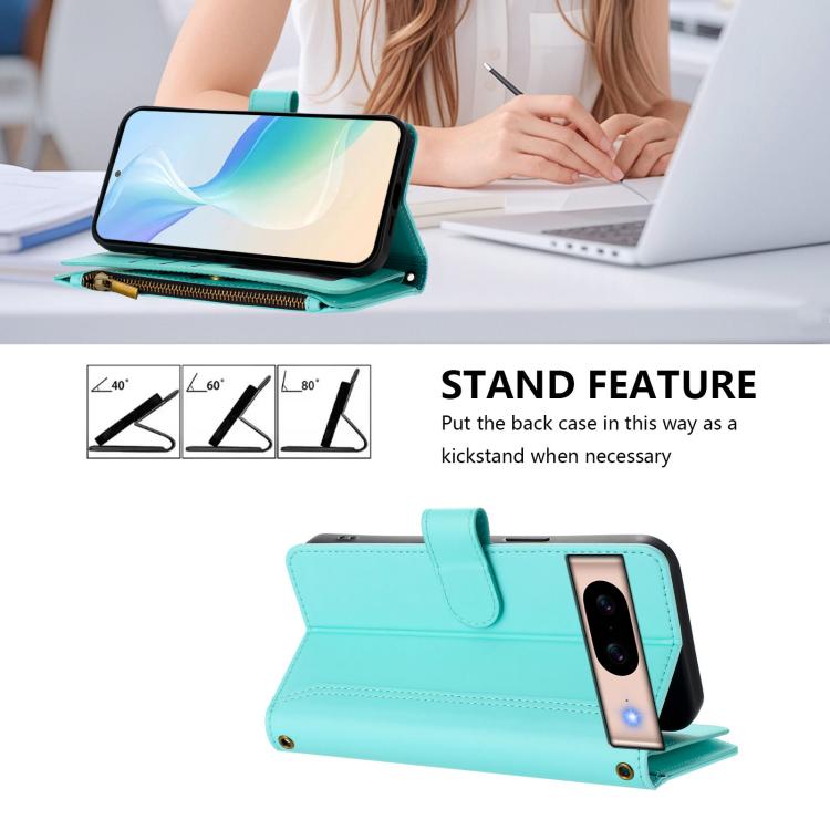 For Google Pixel 8a Magnetic Closure 9 Card Slots Zipper Leather Case with Hand Strap