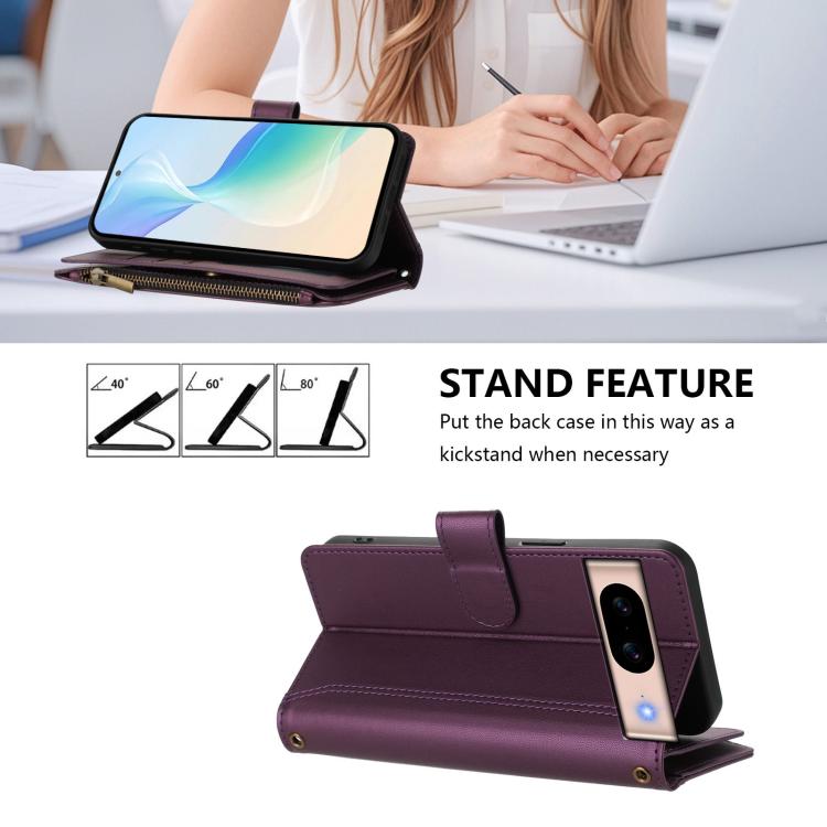 For Google Pixel 8a Magnetic Closure 9 Card Slots Zipper Leather Case with Hand Strap