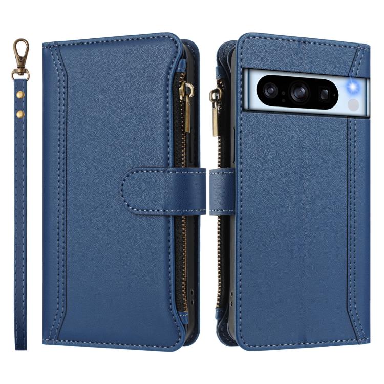 For Google Pixel 8 Pro Magnetic Closure 9 Card Slots Zipper Leather Case with Hand Strap