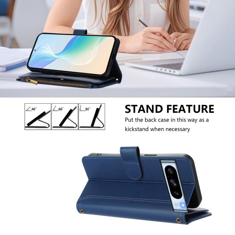 For Google Pixel 8 Pro Magnetic Closure 9 Card Slots Zipper Leather Case with Hand Strap