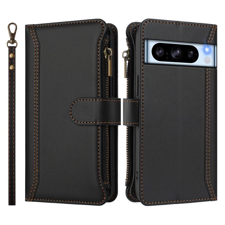 For Google Pixel 8 Pro Magnetic Closure 9 Card Slots Zipper Leather Case with Hand Strap