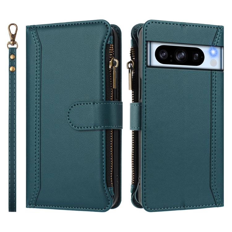 For Google Pixel 8 Pro Magnetic Closure 9 Card Slots Zipper Leather Case with Hand Strap