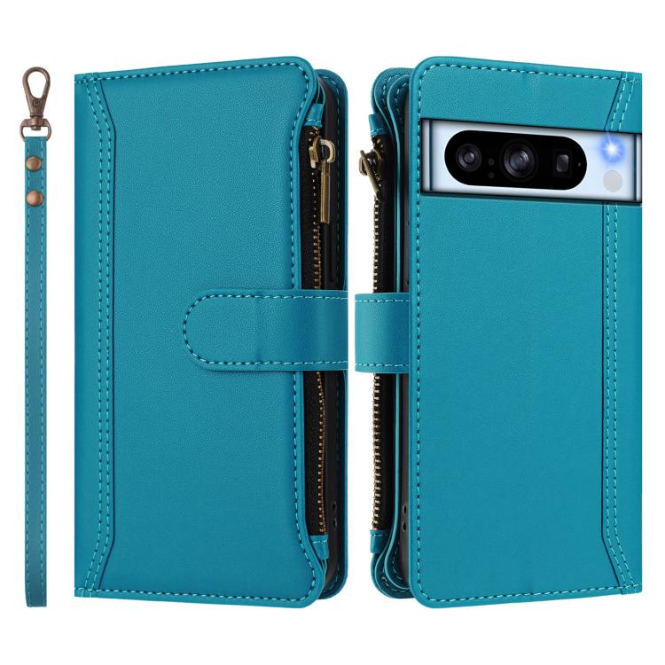 For Google Pixel 8 Pro Magnetic Closure 9 Card Slots Zipper Leather Case with Hand Strap
