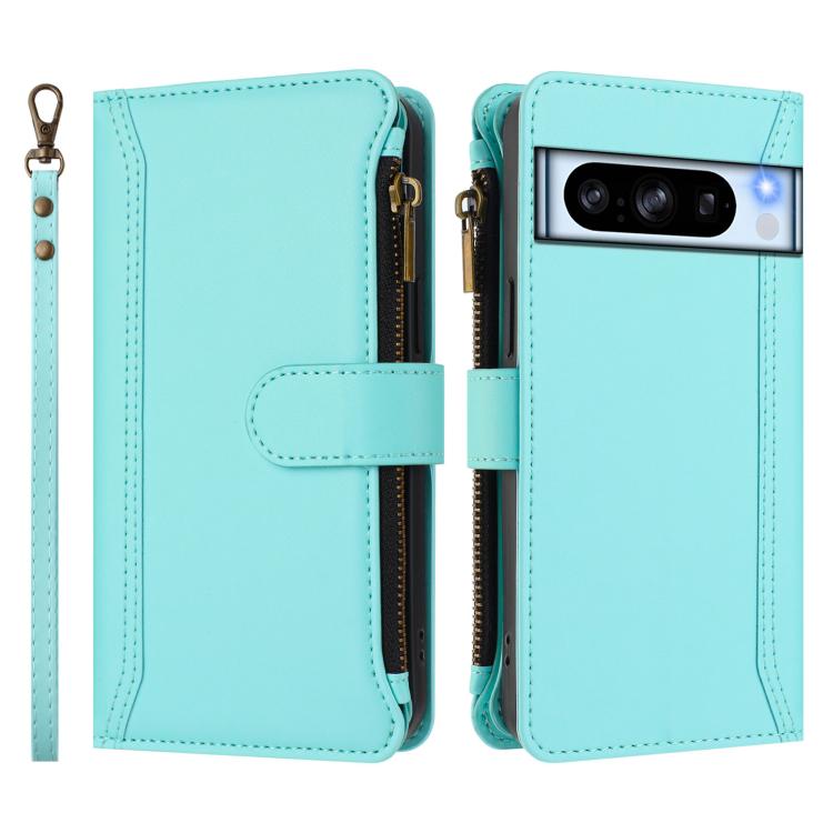 For Google Pixel 8 Pro Magnetic Closure 9 Card Slots Zipper Leather Case with Hand Strap