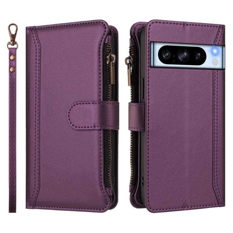 For Google Pixel 8 Pro Magnetic Closure 9 Card Slots Zipper Leather Case with Hand Strap