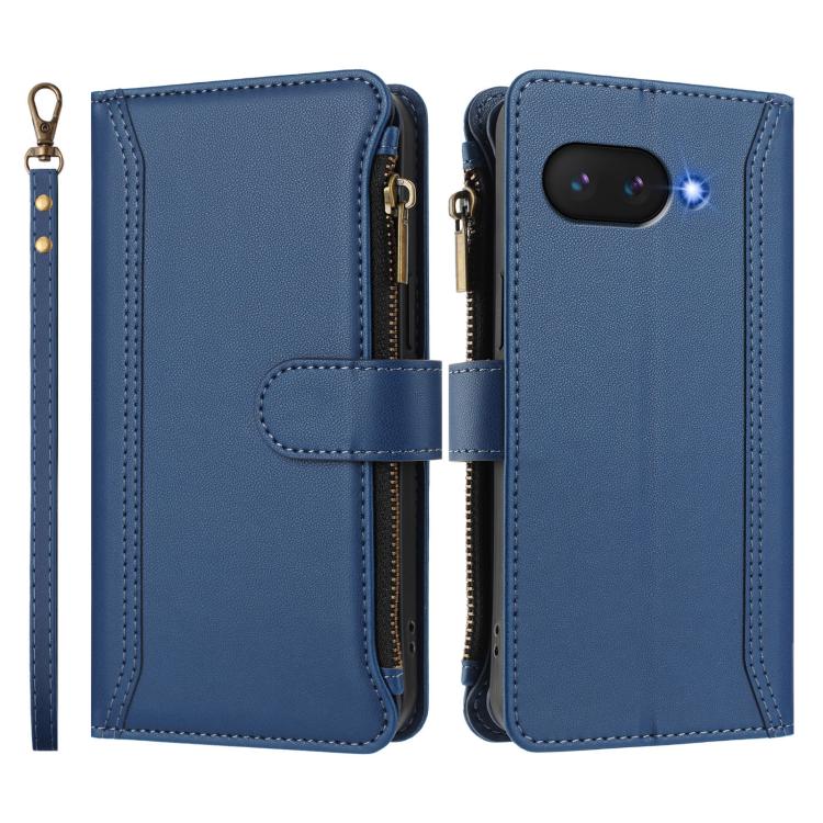 For Google Pixel 9a Magnetic Closure 9 Card Slots Zipper Leather Case with Hand Strap