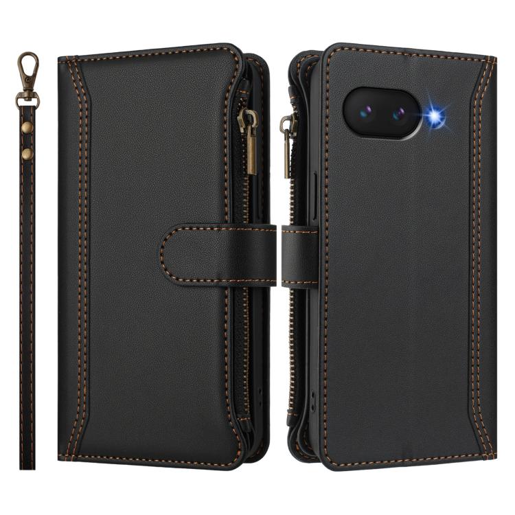 For Google Pixel 9a Magnetic Closure 9 Card Slots Zipper Leather Case with Hand Strap