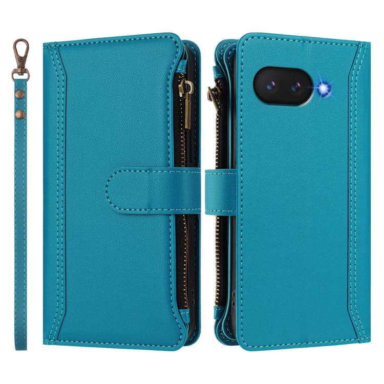 For Google Pixel 9a Magnetic Closure 9 Card Slots Zipper Leather Case with Hand Strap