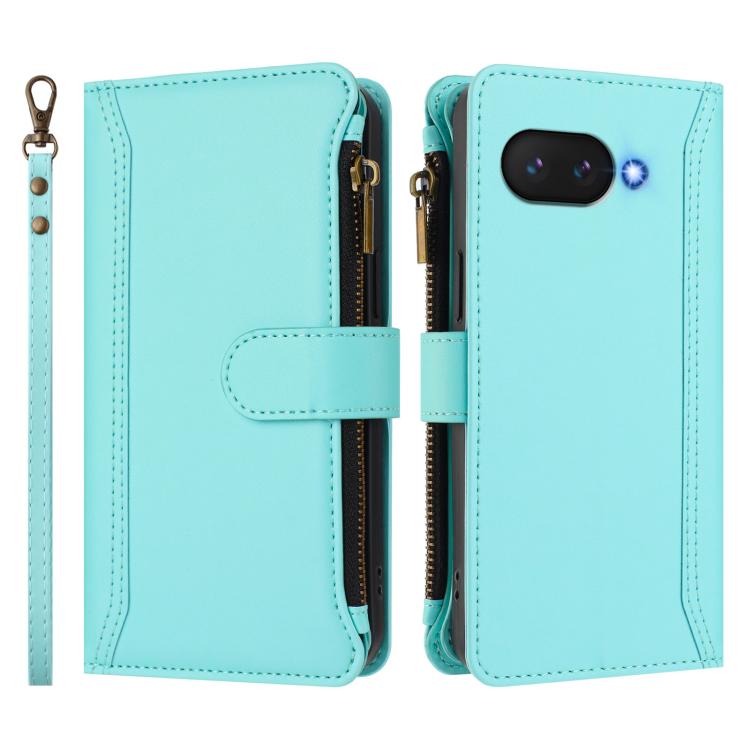 For Google Pixel 9a Magnetic Closure 9 Card Slots Zipper Leather Case with Hand Strap