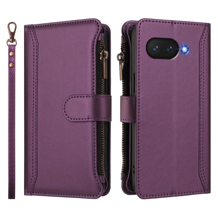 For Google Pixel 9a Magnetic Closure 9 Card Slots Zipper Leather Case with Hand Strap