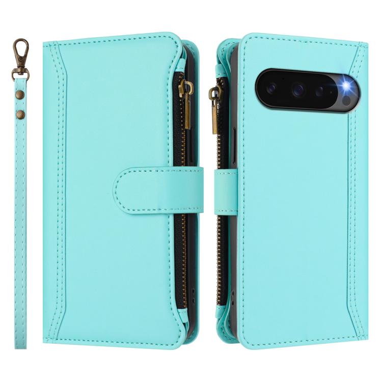 For Google Pixel 10 5G Global Magnetic Closure 9 Card Slots Zipper Leather Case with Hand Strap