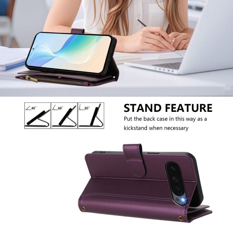 For Google Pixel 10 5G Global Magnetic Closure 9 Card Slots Zipper Leather Case with Hand Strap