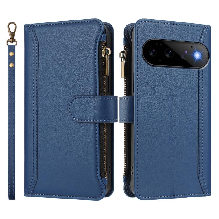 For Google Pixel 11 Pro / 11 Magnetic Closure 9 Card Slots Zipper Leather Case with Hand Strap
