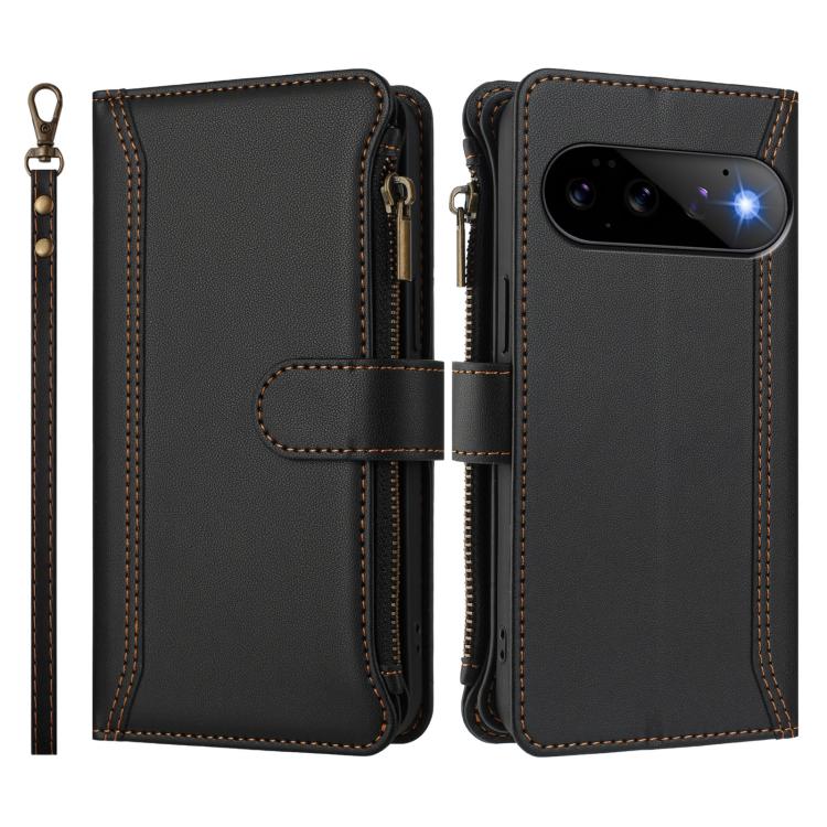 For Google Pixel 11 Pro / 11 Magnetic Closure 9 Card Slots Zipper Leather Case with Hand Strap