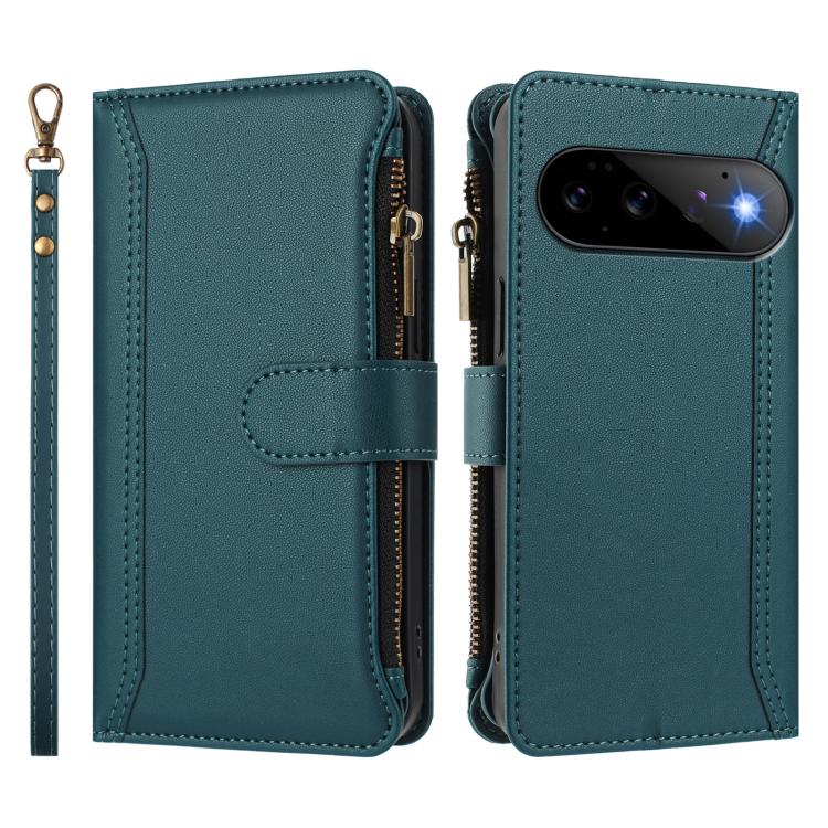For Google Pixel 11 Pro / 11 Magnetic Closure 9 Card Slots Zipper Leather Case with Hand Strap
