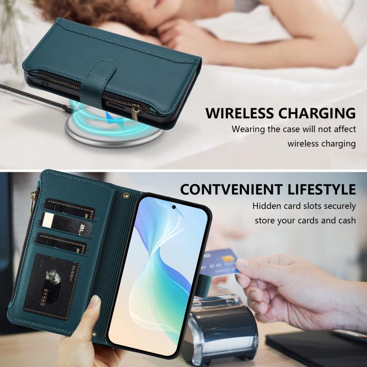 For Google Pixel 11 Pro / 11 Magnetic Closure 9 Card Slots Zipper Leather Case with Hand Strap