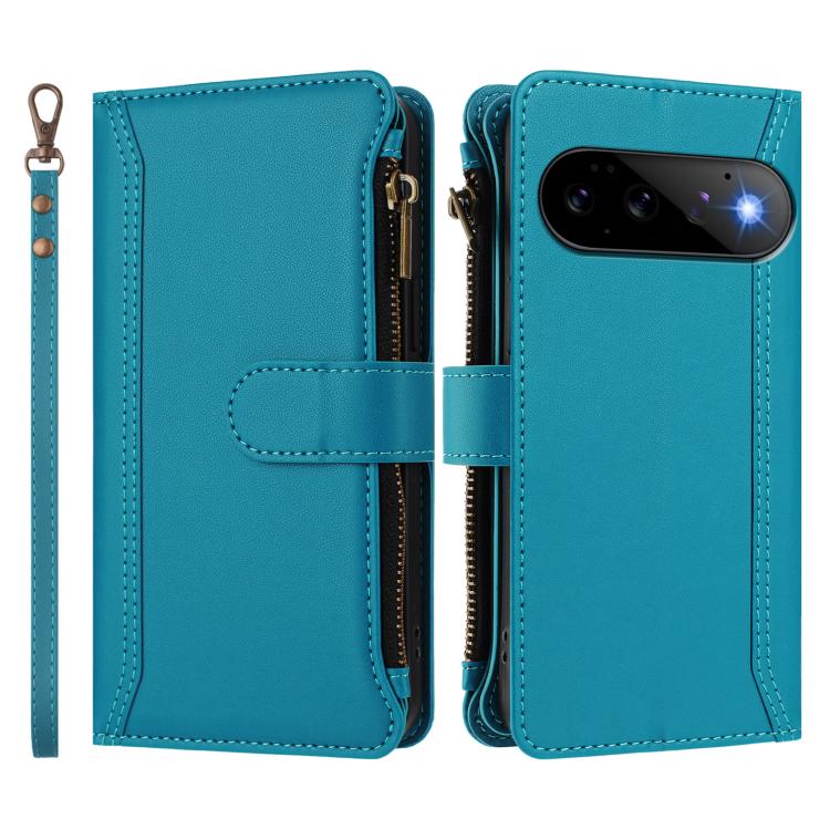 For Google Pixel 11 Pro / 11 Magnetic Closure 9 Card Slots Zipper Leather Case with Hand Strap