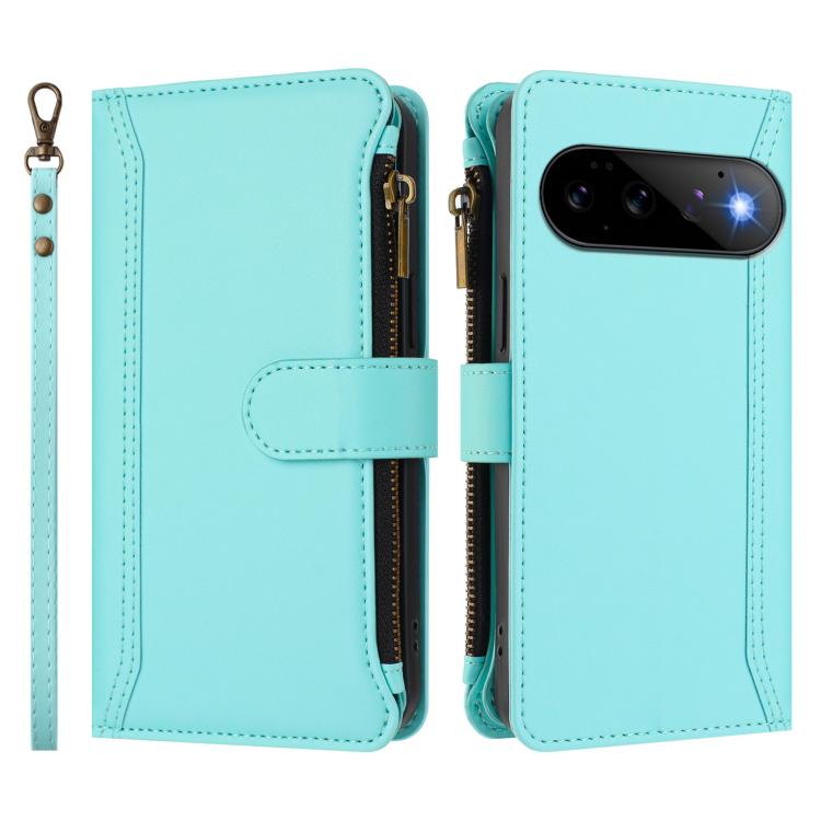 For Google Pixel 11 Pro / 11 Magnetic Closure 9 Card Slots Zipper Leather Case with Hand Strap
