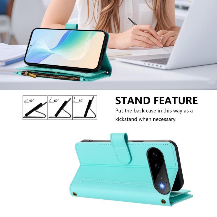 For Google Pixel 11 Pro / 11 Magnetic Closure 9 Card Slots Zipper Leather Case with Hand Strap