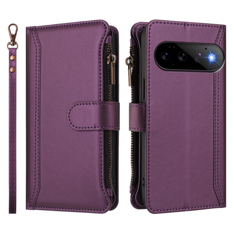 For Google Pixel 11 Pro / 11 Magnetic Closure 9 Card Slots Zipper Leather Case with Hand Strap