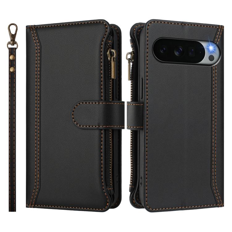 For Google Pixel 11 Pro XL Magnetic Closure 9 Card Slots Zipper Leather Case with Hand Strap