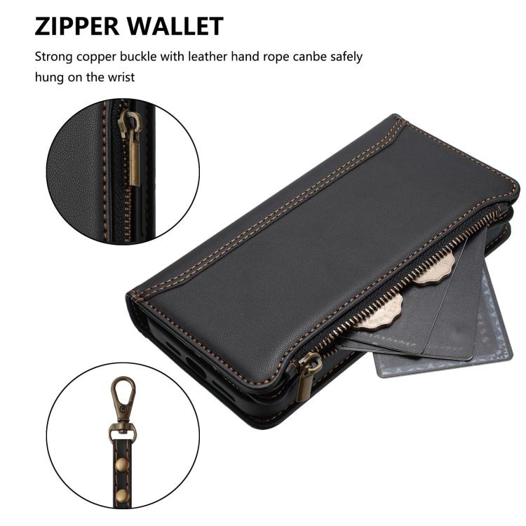 For Google Pixel 11 Pro XL Magnetic Closure 9 Card Slots Zipper Leather Case with Hand Strap