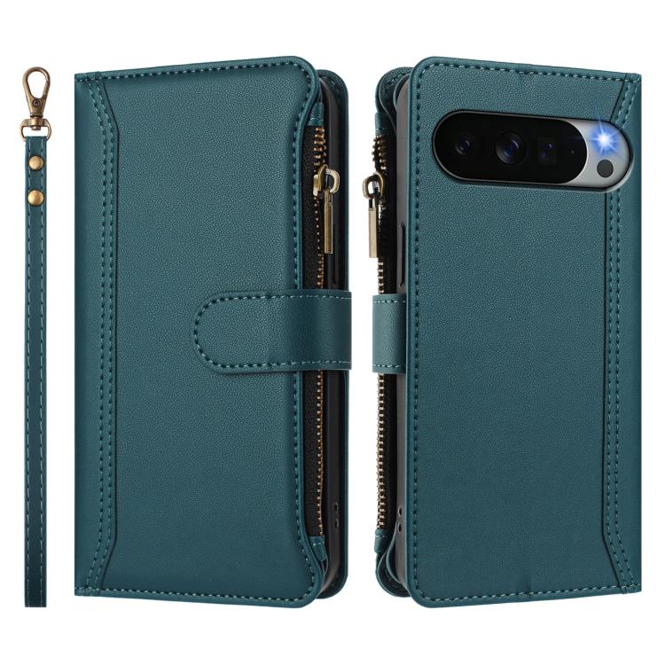 For Google Pixel 11 Pro XL Magnetic Closure 9 Card Slots Zipper Leather Case with Hand Strap