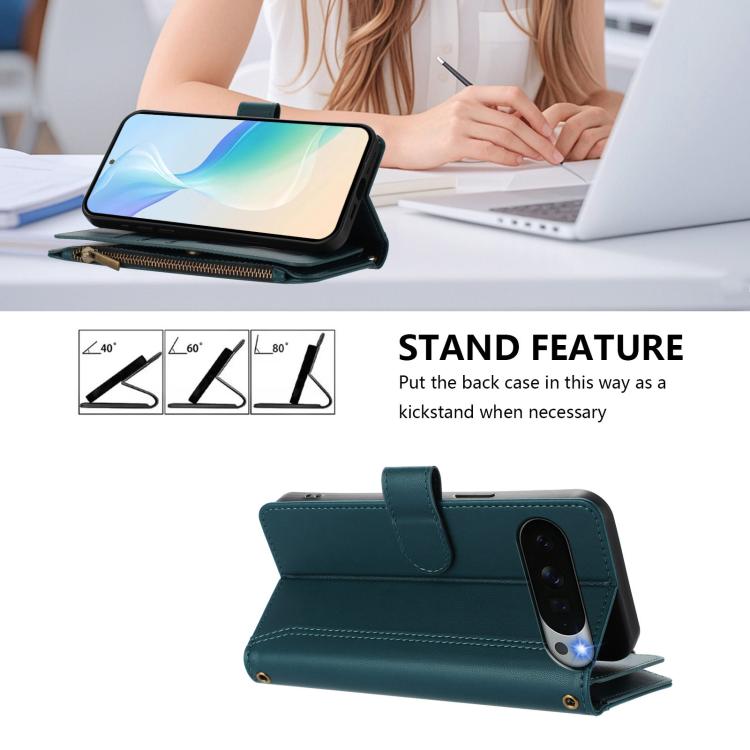 For Google Pixel 11 Pro XL Magnetic Closure 9 Card Slots Zipper Leather Case with Hand Strap