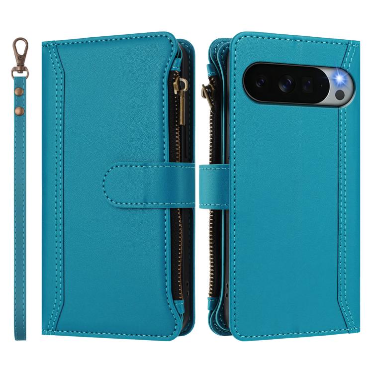 For Google Pixel 11 Pro XL Magnetic Closure 9 Card Slots Zipper Leather Case with Hand Strap