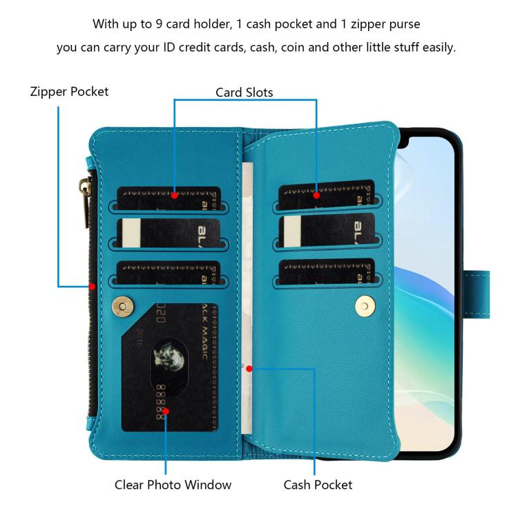 For Google Pixel 11 Pro XL Magnetic Closure 9 Card Slots Zipper Leather Case with Hand Strap