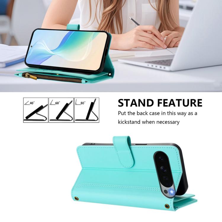 For Google Pixel 11 Pro XL Magnetic Closure 9 Card Slots Zipper Leather Case with Hand Strap