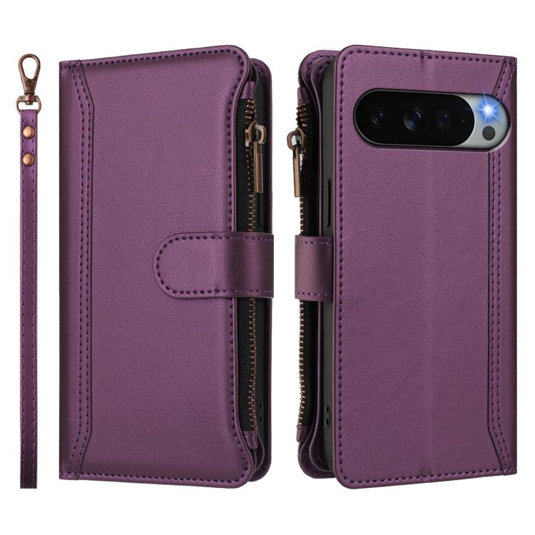 For Google Pixel 11 Pro XL Magnetic Closure 9 Card Slots Zipper Leather Case with Hand Strap