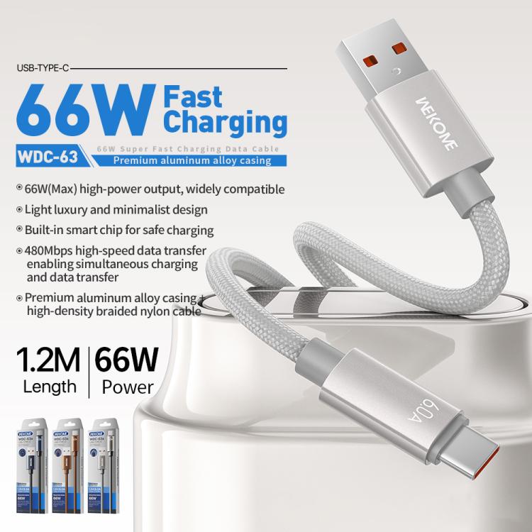 WK WDC-63a 66W USB to Type-C Fast Charging Data Cable, Length: 1.2m