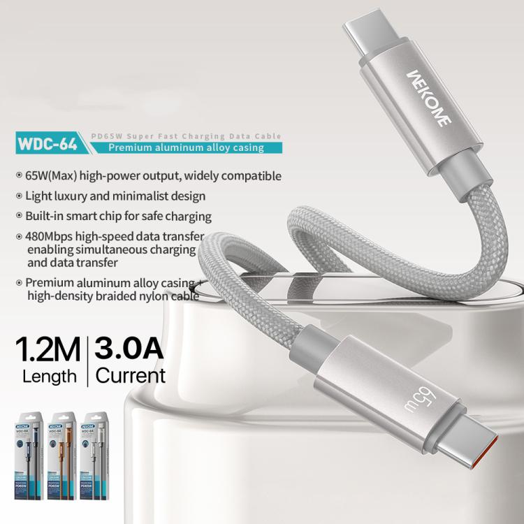 WK WDC-64 PD65W Type-C to Type-C Fast Charging Data Cable, Length: 1.2m