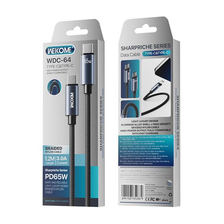 WK WDC-64 PD65W Type-C to Type-C Fast Charging Data Cable, Length: 1.2m