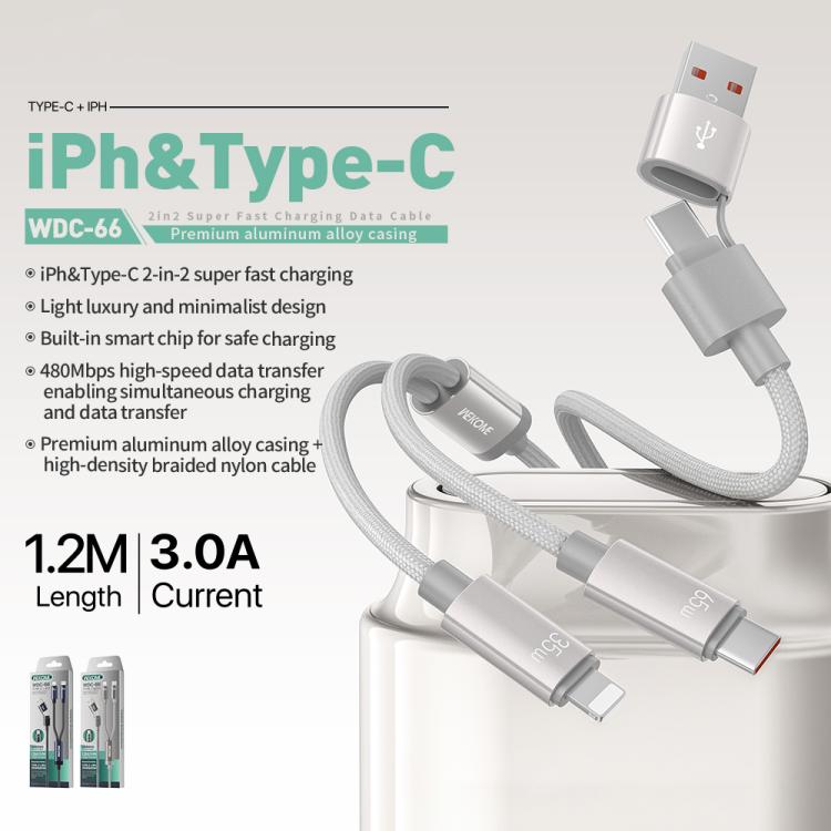 WK WDC-66 2 to 2 3A USB+Type-C to 8 Pin+Type-C Fast Charging Data Cable, Length: 1.2m