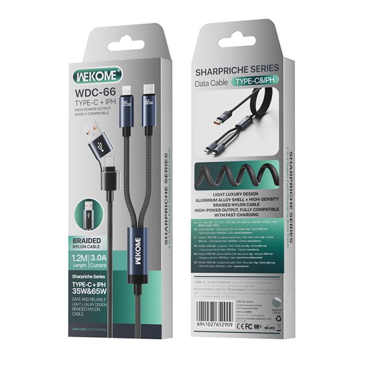 WK WDC-66 2 to 2 3A USB+Type-C to 8 Pin+Type-C Fast Charging Data Cable, Length: 1.2m