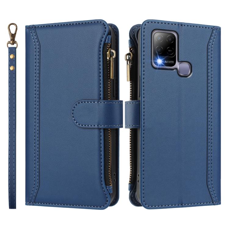 For Infinix Hot 10T / 10s Magnetic Closure 9 Card Slots Zipper Leather Case with Hand Strap