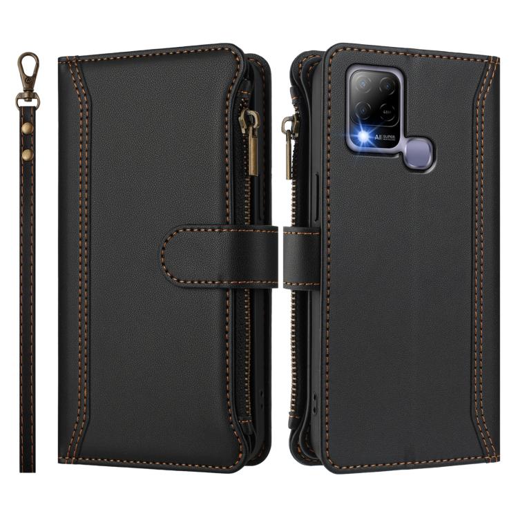 For Infinix Hot 10T / 10s Magnetic Closure 9 Card Slots Zipper Leather Case with Hand Strap