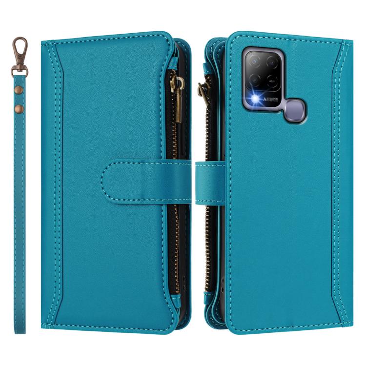 For Infinix Hot 10T / 10s Magnetic Closure 9 Card Slots Zipper Leather Case with Hand Strap