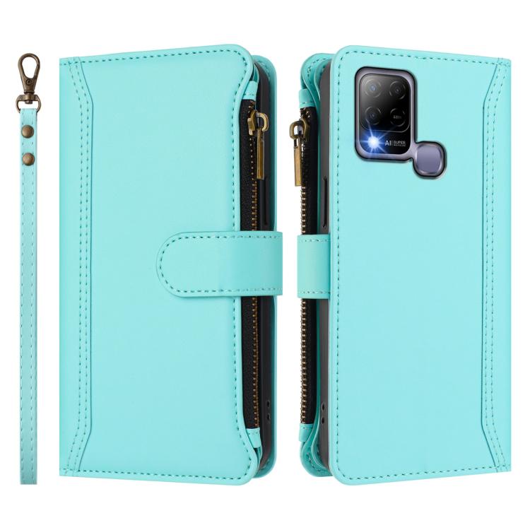 For Infinix Hot 10T / 10s Magnetic Closure 9 Card Slots Zipper Leather Case with Hand Strap