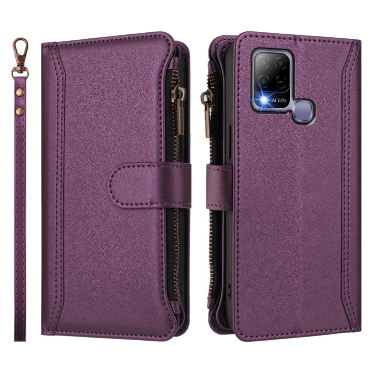 For Infinix Hot 10T / 10s Magnetic Closure 9 Card Slots Zipper Leather Case with Hand Strap