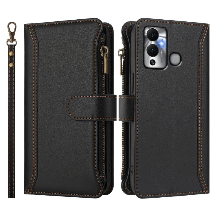 For Infinix Hot 12 Play Magnetic Closure 9 Card Slots Zipper Leather Case with Hand Strap