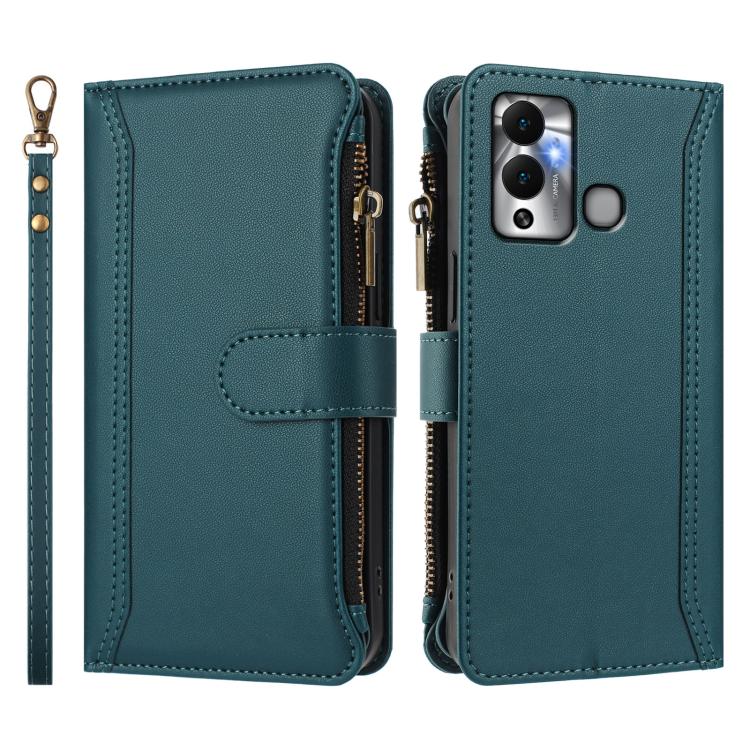 For Infinix Hot 12 Play Magnetic Closure 9 Card Slots Zipper Leather Case with Hand Strap
