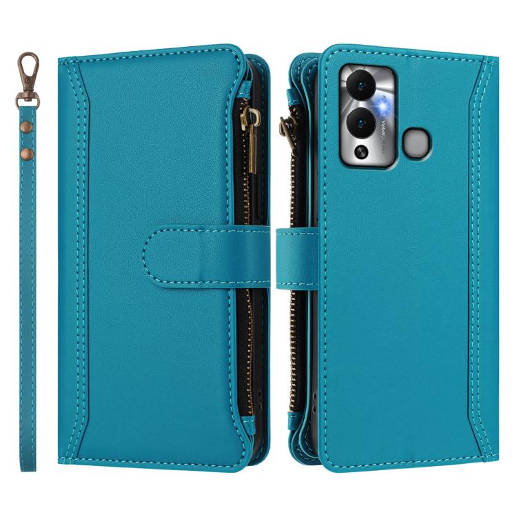 For Infinix Hot 12 Play Magnetic Closure 9 Card Slots Zipper Leather Case with Hand Strap